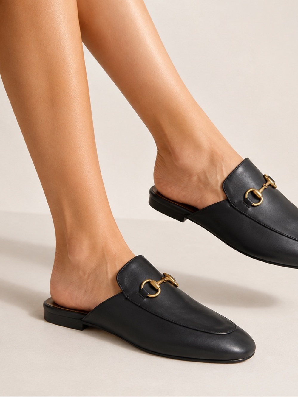 Women's Black Flat Slip-On Horsebit Loafers Mules